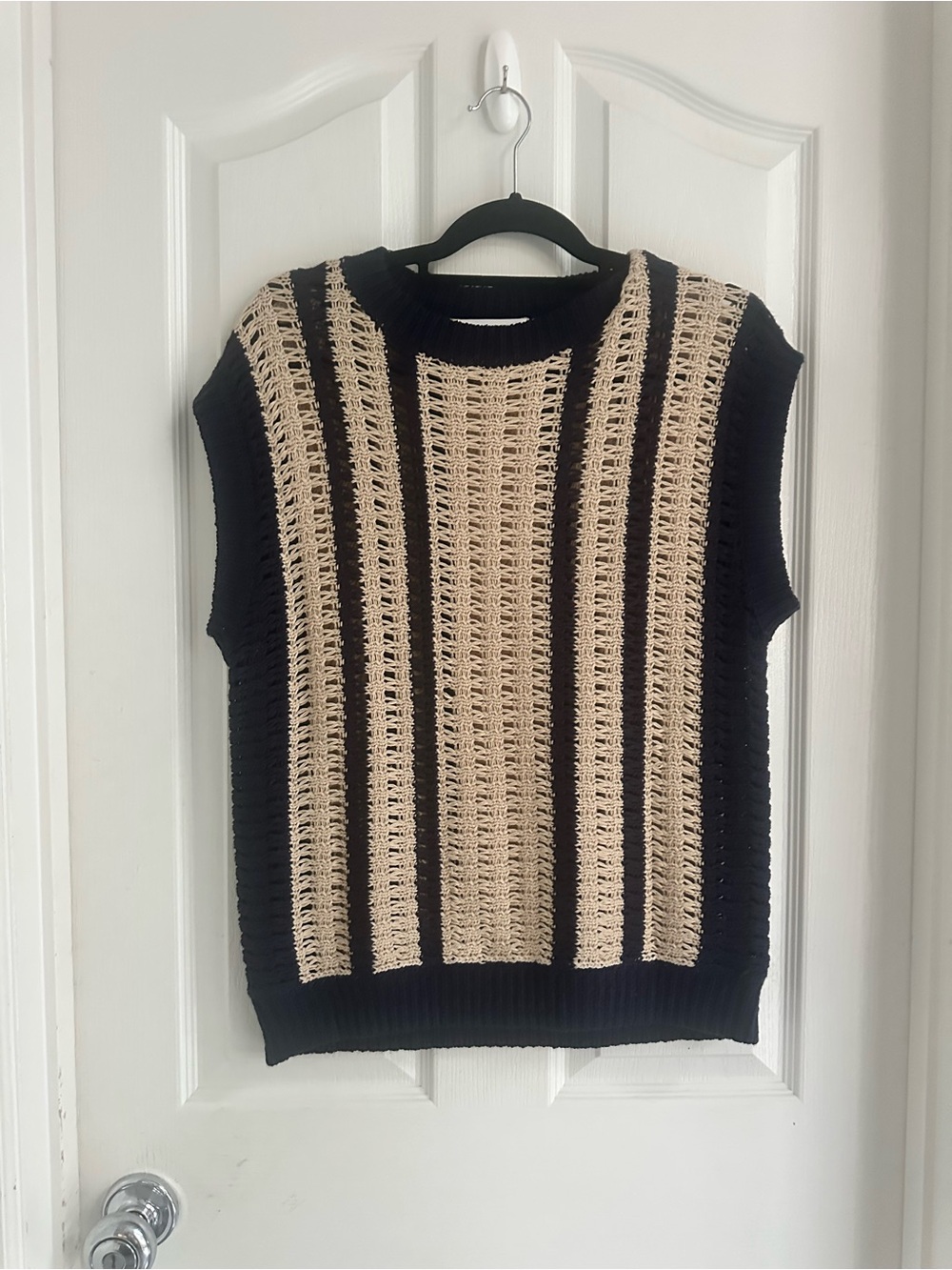 Women's Navy and Cream Striped Knit Sweater